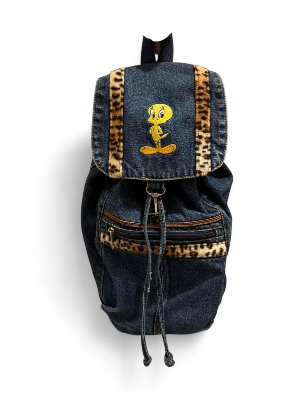 90’s Tweety Denim Backpack with Leopard Trim